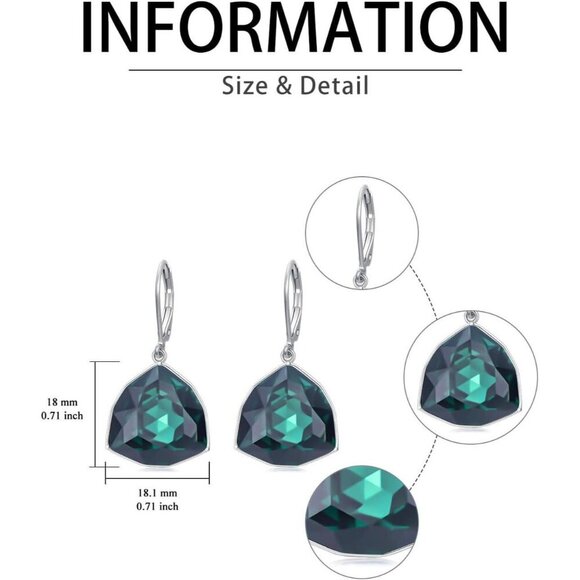 Sterling Silver Emerald Simple Geometric Birthstone Dangle Drop Earring Jewelry - Picture 3 of 5